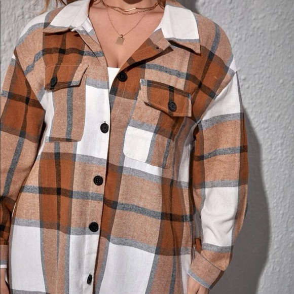 Plus Size Plaid Pocket Light Jacket Shacket Long Shirt Green BELT NOT INCLUDED - Picture 13 of 16